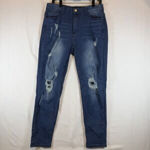 🔴 Stretchy Ripped Jeans (Size M) High Waisted Slim Fit Dark Blue Distressed